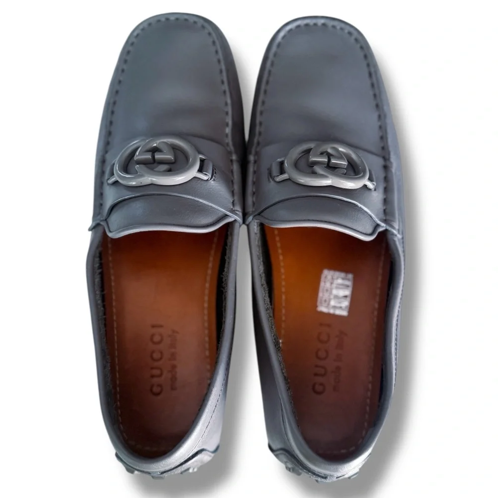 Gucci Grey Leather Interlocking G Drivers Loafers Men’s Size 6.5 / Women’s 8-8.5